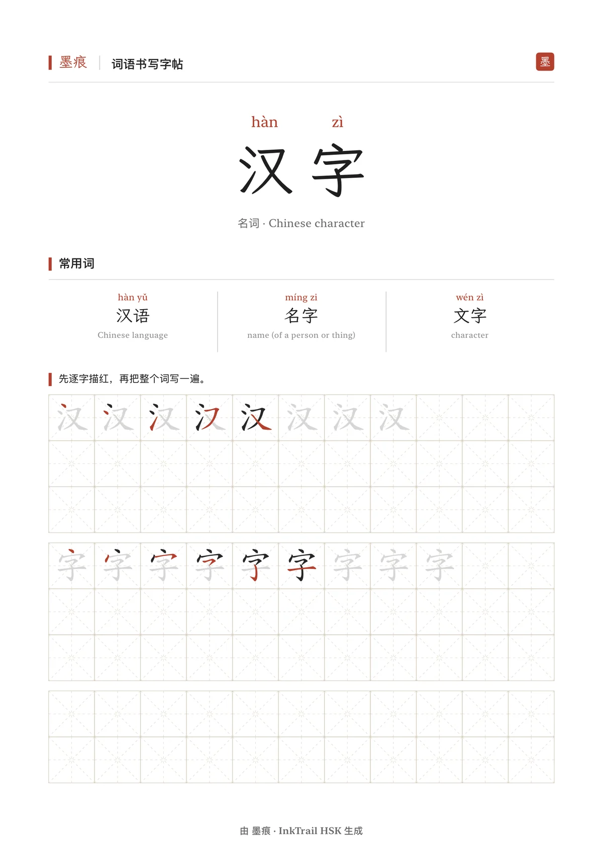 墨痕导出的字帖第 1 页：字头、常用词、逐笔推进的笔顺格、描红格和空白格